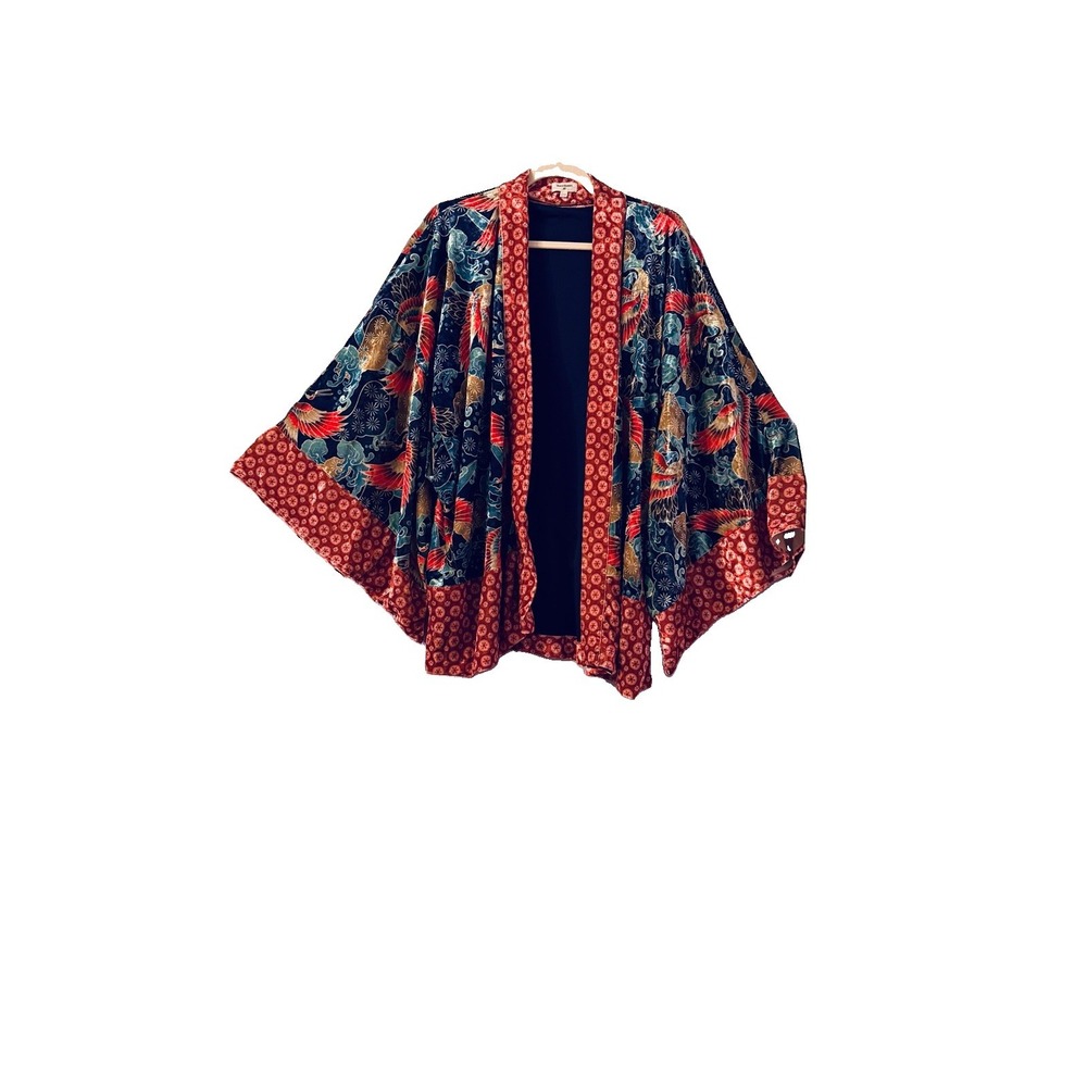 World Market Velvet Kimono Jacket Asian Bird Lined Floral Luxury Coatigan Boho